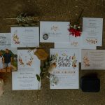 a collage of wedding invitations and accessories
