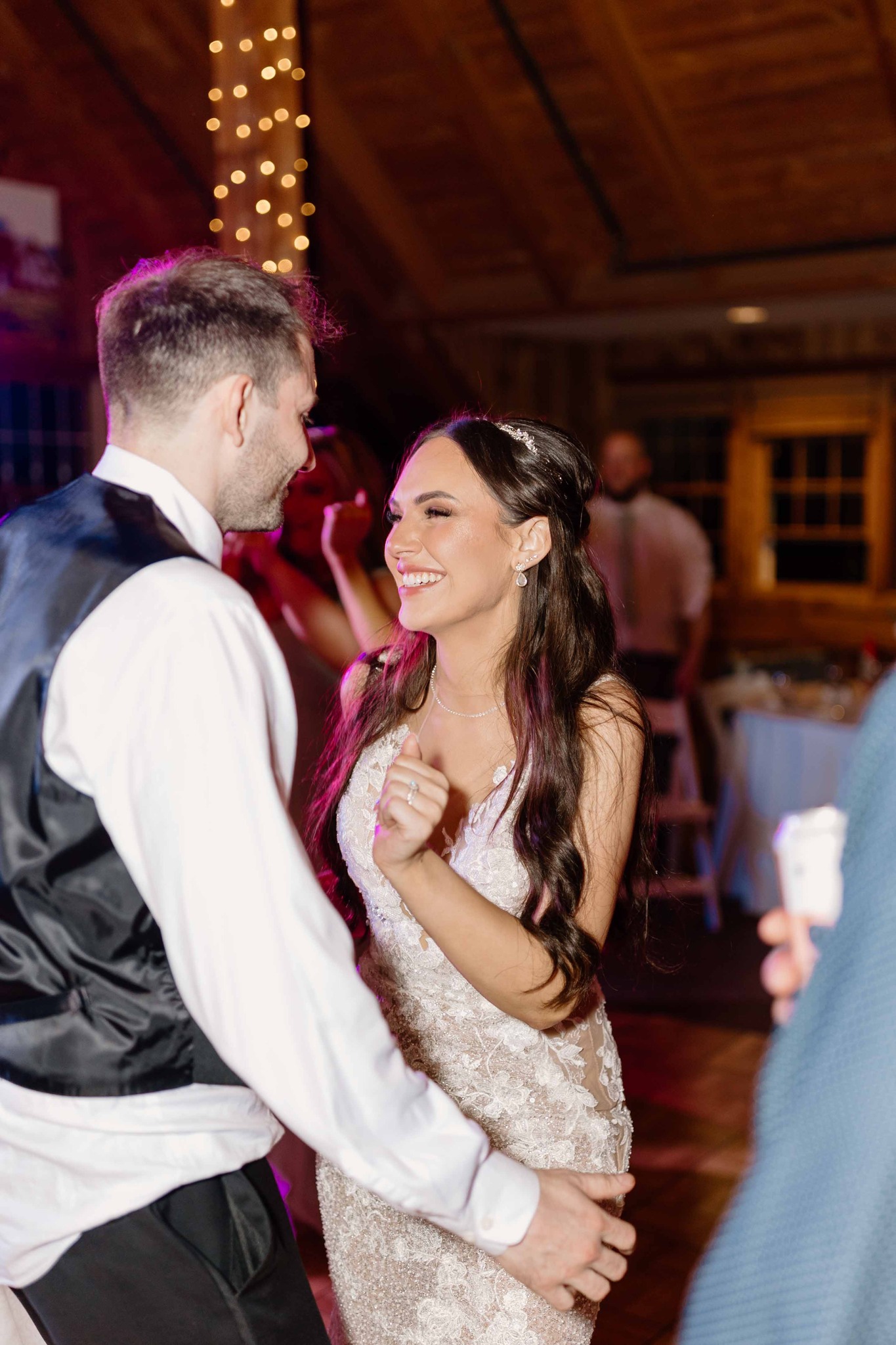 wedding photography bridal party dancing at reception at Pike's Peek venue new hampshire bride and daughter dancing
