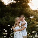engagement photography couple portrait long grass sunset gilford new hampshire flowers white dress