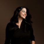 headshot portrit photography woman black shirt long hair brown solid backdrop smiling concord new hampshire studio professional business portrait