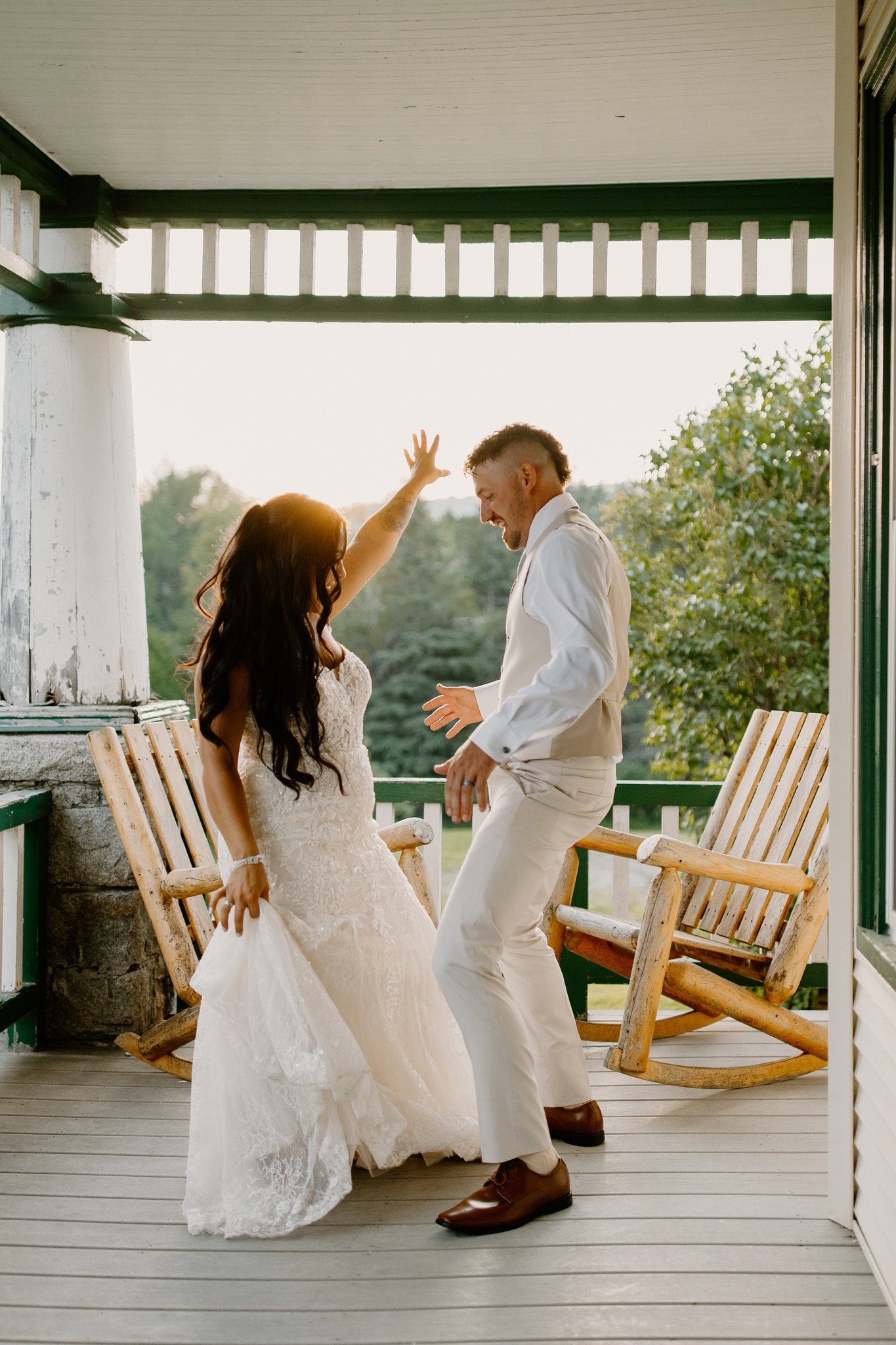 wedding photography coleman state park new hampshire bride and groom sitting in adirondack chairs on farmers porch sunset golden hour wedding dress dancing
