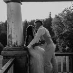 wedding photography coleman state park new hampshire bride and groom sitting in adirondack chairs on farmers porch sunset golden hour wedding dress dancing black and white