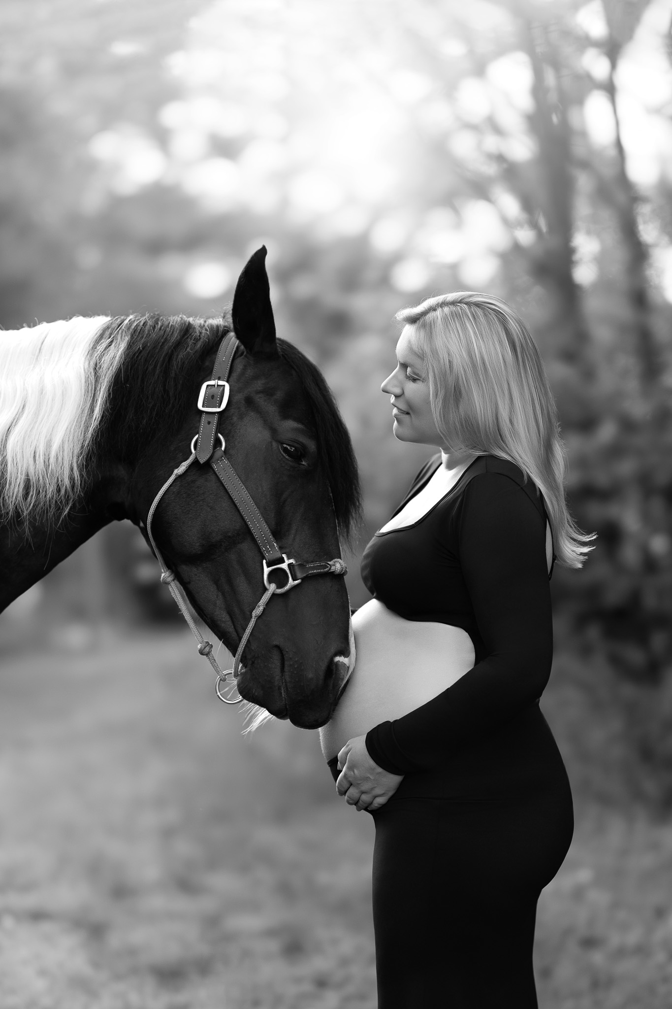 Pregnant woman in a black maternity dress standing beside her horse during an outdoor maternity session in New Hampshire's Lakes Region.