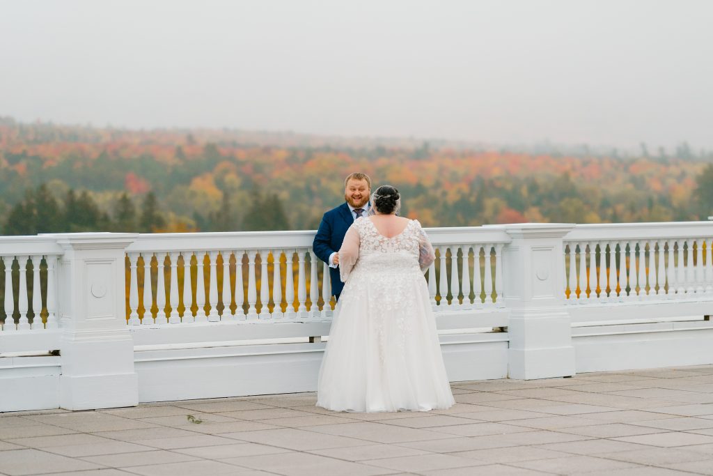 “Misty mountain wedding at the Omni Mount Washington Resort during peak fall foliage in New Hampshire”